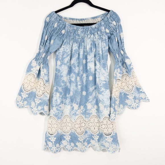 Union of Angels Above Knee Dress Long Sleeve Boat Neck Blue Off White Si… - Picture 1 of 7